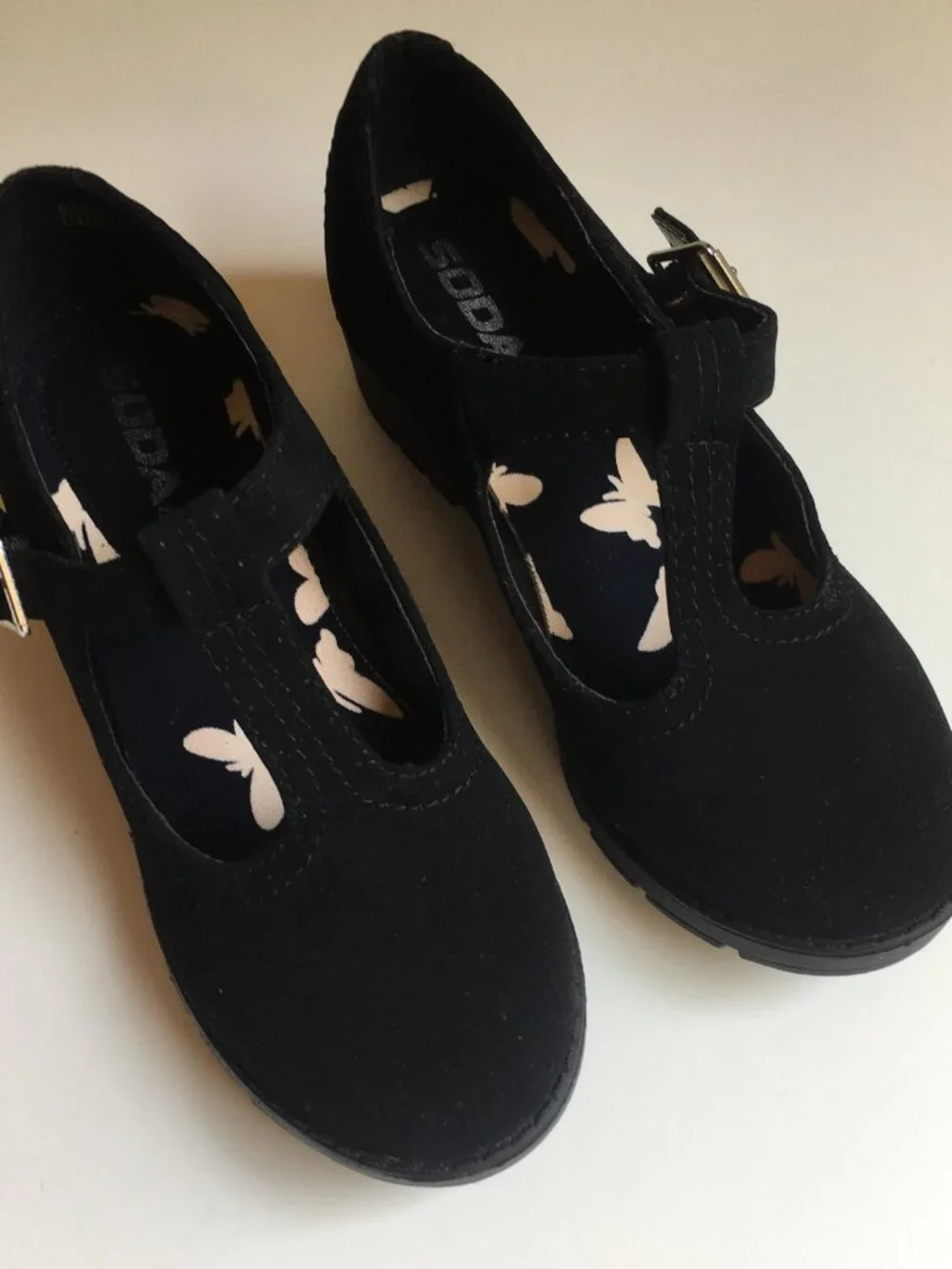 New Black Mary Jane Shoes 2 Girls Faux Suede Chunky Heel T-Strap Buckle Dress